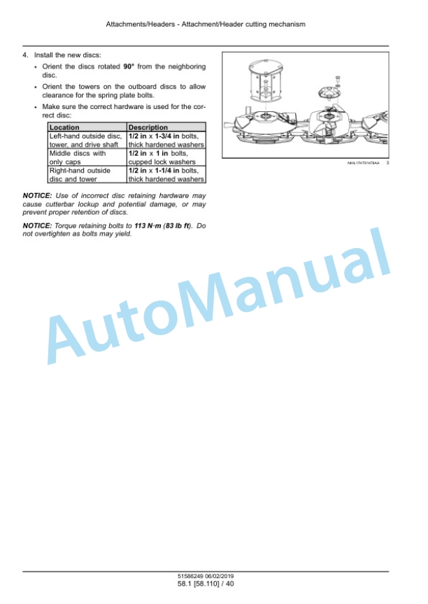 New Holland 209, 210 Discbine Disc Mower-Conditioner Service Manual 51586249-4