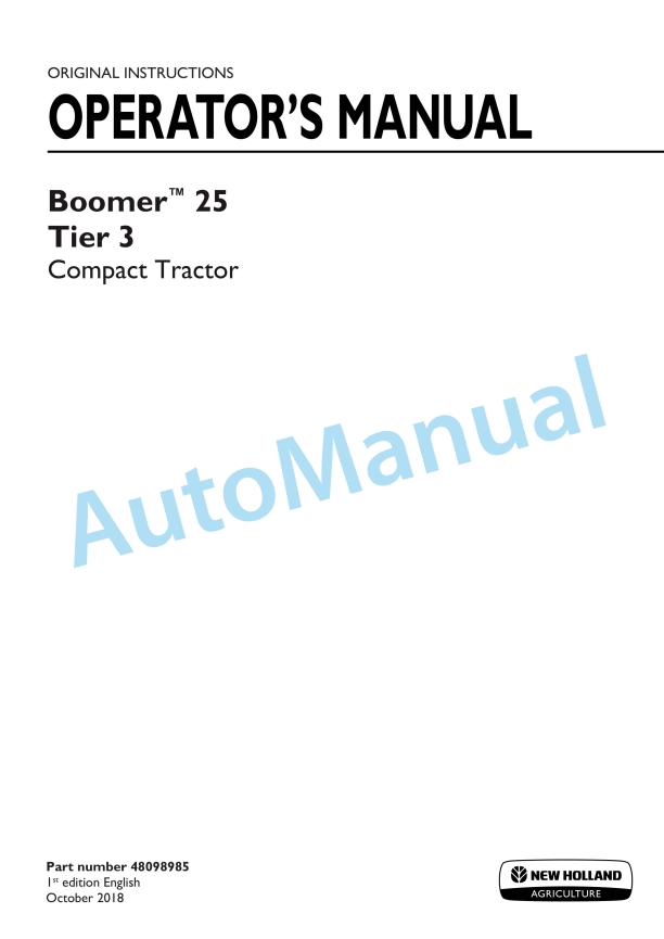 New Holland 25 Boomer Tier 3 Compact Tractor Operation and Maintenance Manual 48098985