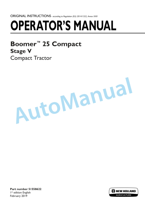New Holland 25 Compact Boomer Stage V Compact Tractor Operation and Maintenance Manual 51558622