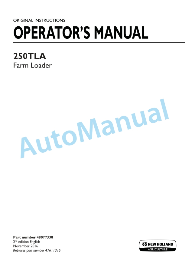 New Holland 250TLA Farm Loader Operation and Maintenance Manual 48077338