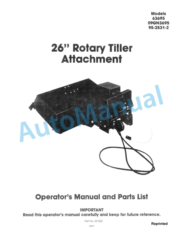 New Holland 26 Rotary Tiller Attachment Operation Manual and Part List 42002611