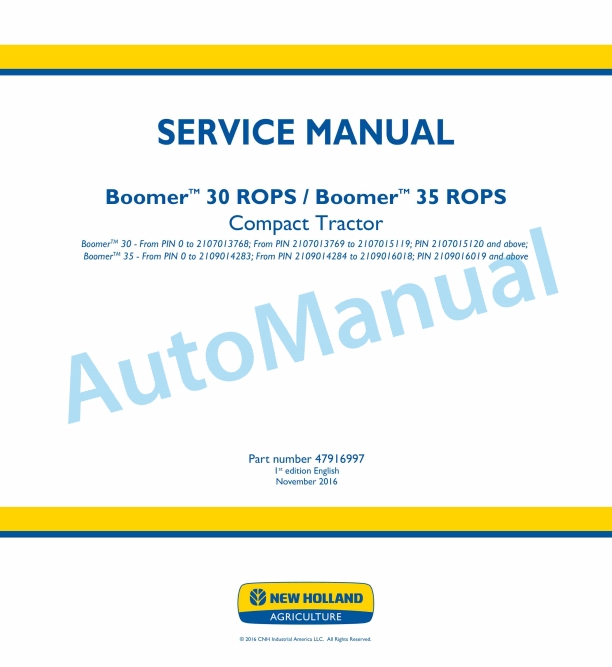 New Holland 30, 35 ROPS Boomer Compact Tractor Service Manual 47916997