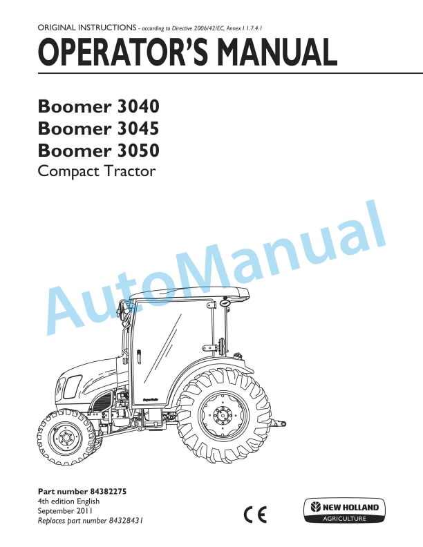 New Holland 3040, 3045, 3050 Boomer Compact Tractor Operation and Maintenance Manual 84382275