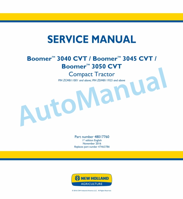 New Holland 3040, 3045, 3050 CTV Boomer Compact Tractor Service Manual 48017760