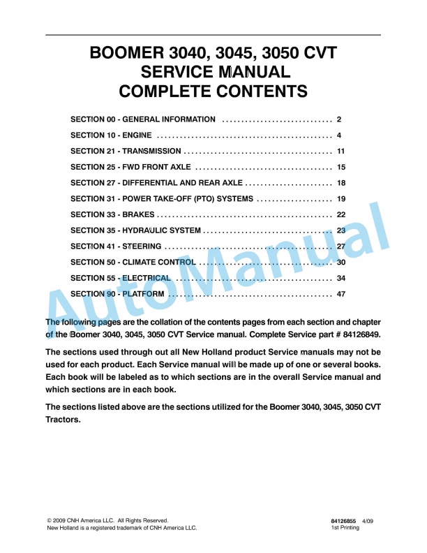 New Holland 3040, 3045, 3050 CTV Boomer Compact Tractor Service Manual 84126855