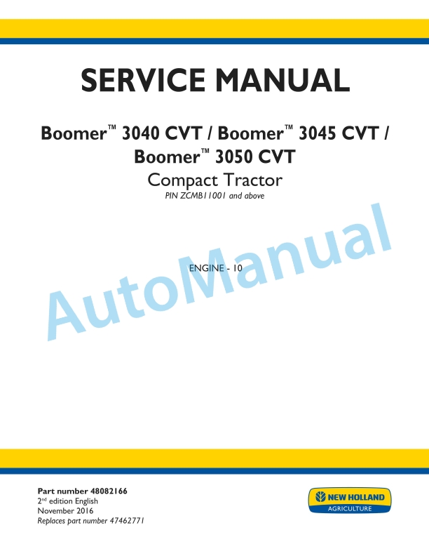 New Holland 3040 CVT, 3045 CVT, 3050 CVT Boomer Compact Tractor Service Manual 48082166