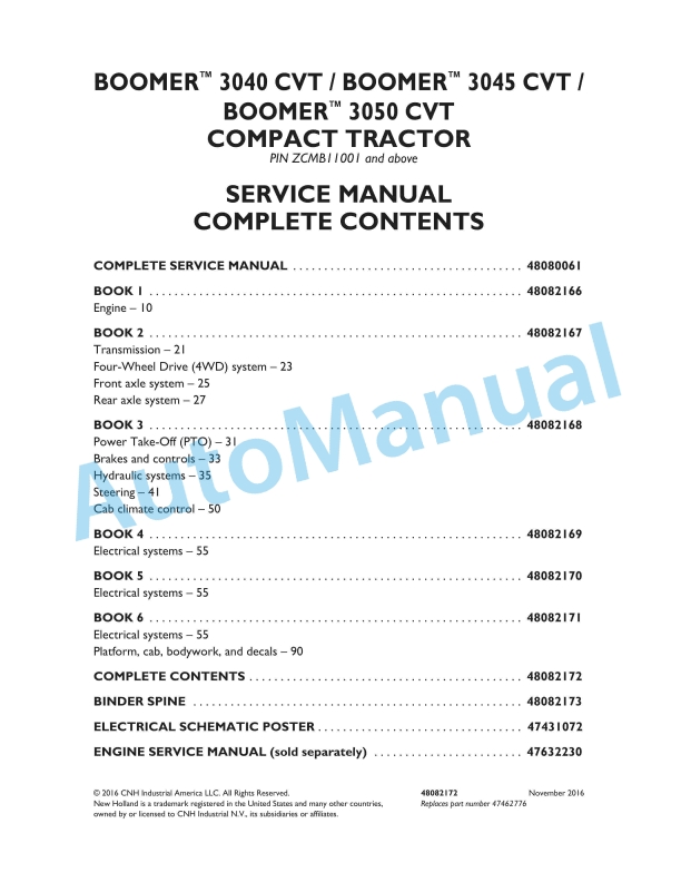 New Holland 3040 CVT, 3045 CVT, 3050 CVT Boomer Compact Tractor Service Manual 48082172