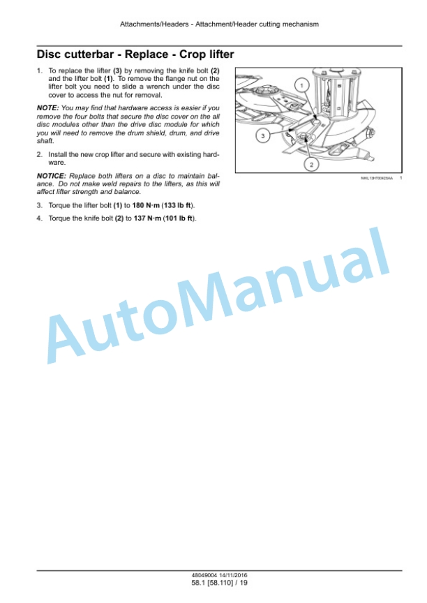New Holland 313, 316 Discbine Disc Mower Conditioner Service Manual 48049004-4