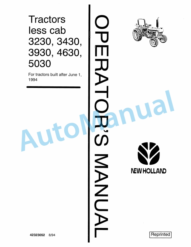 New Holland 3230, 3430, 3930, 4630, 5030 Less Cab Tractor Operation and Maintenance Manual 42323052