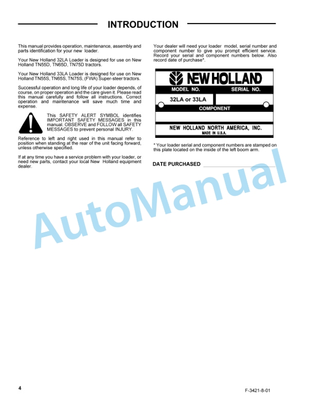 New Holland 32LA, 33LA Quick Attach Farm Loader Operation and Maintenance Manual 86642394-2