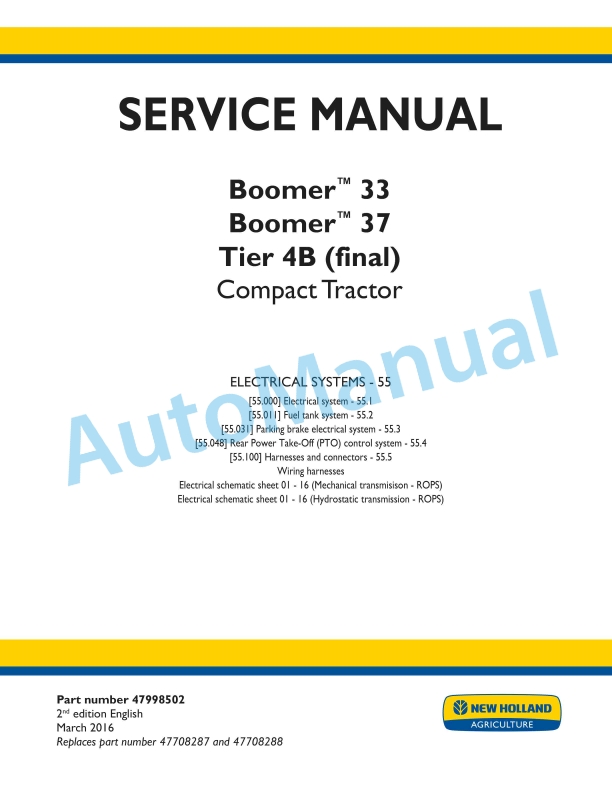 New Holland 33, 37 Boomer Tier 4B Final Compact Tractor Service Manual 47998502