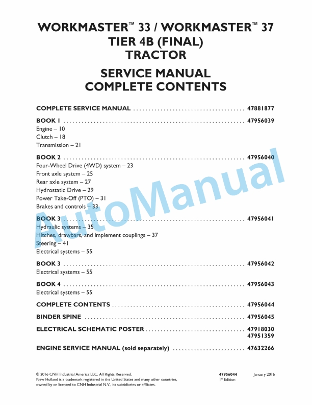 New Holland 33, 37 Workmaster Tier 4B Final Compact Tractor Service Manual 47956044
