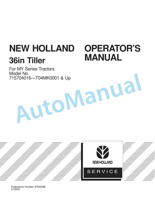 New Holland 36in Tiller Operation and Maintenance Manual 87040096