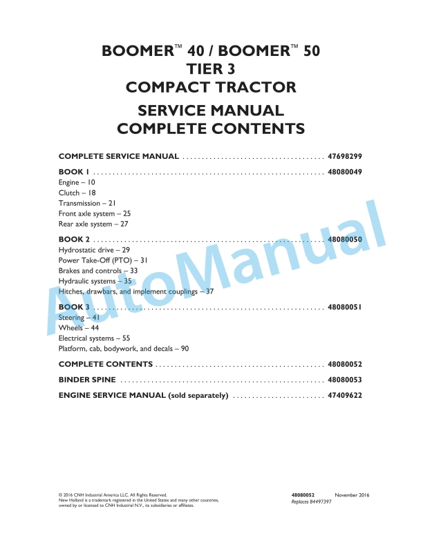 New Holland 40, 50 Boomer Tier 3 Compact Tractor Service Manual 48080052