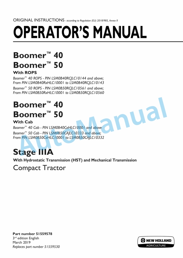 New Holland 40, 50 Boomer With ROPS, Cap Stage IIIA Compact Tractor Operation and Maintenance Manual 51559578