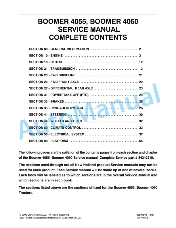 New Holland 4055, 4060 Boomer Service Manual 84242310