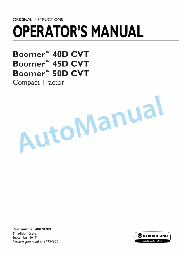 New Holland 40D CVT, 45D CVT, 50D CVT Boomer Compact Tractor Operation and Maintenance Manual 48028209