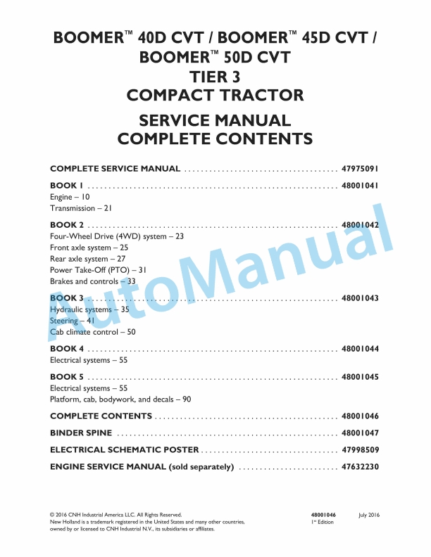 New Holland 40D CVT, 45D CVT, 50D CVT Boomer Tier 3 Compact Tractor Service Manual 48001046