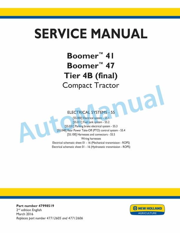 New Holland 41, 47 Boomer Tier 4B Final Compact Tractor Service Manual 47998519