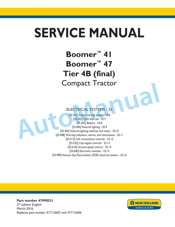 New Holland 41, 47 Boomer Tier 4B Final Compact Tractor Service Manual 47998521