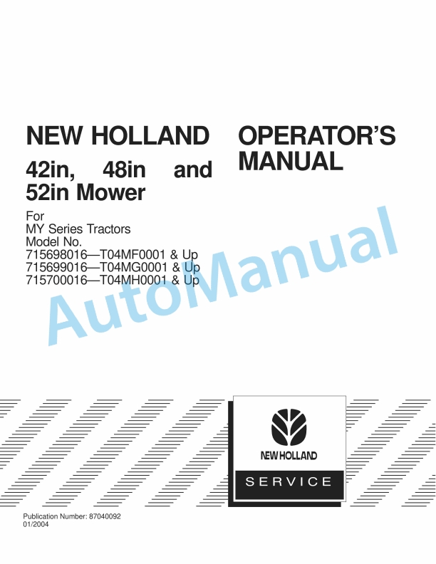 New Holland 42in, 48in, 52in Mower Operation and Maintenance Manual 87040092