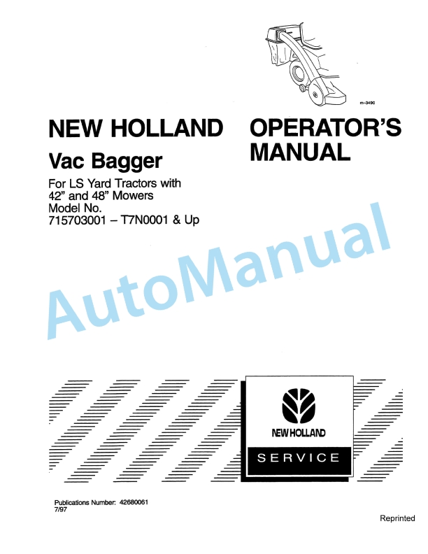 New Holland 42in, 48in Vac Bagger LS Yard Tractor Operation and Maintenance Manual 42680061
