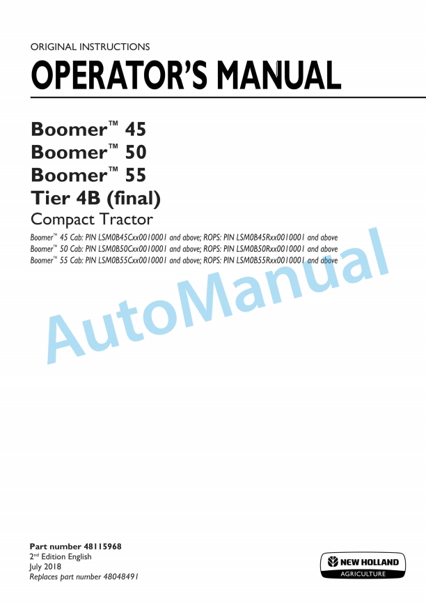 New Holland 45, 50, 55 Boomer Tier 4B Final Compact Tractor Operation and Maintenance Manual 48115968