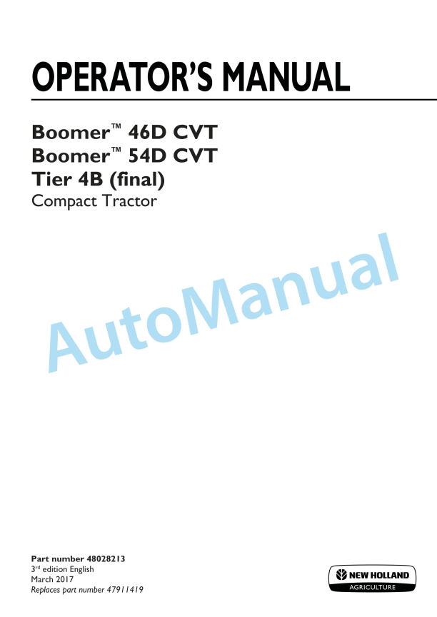New Holland 46D CVT, 54D CVT Boomer Tier 4B Final Compact Tractor Operation and Maintenance Manual 48028213