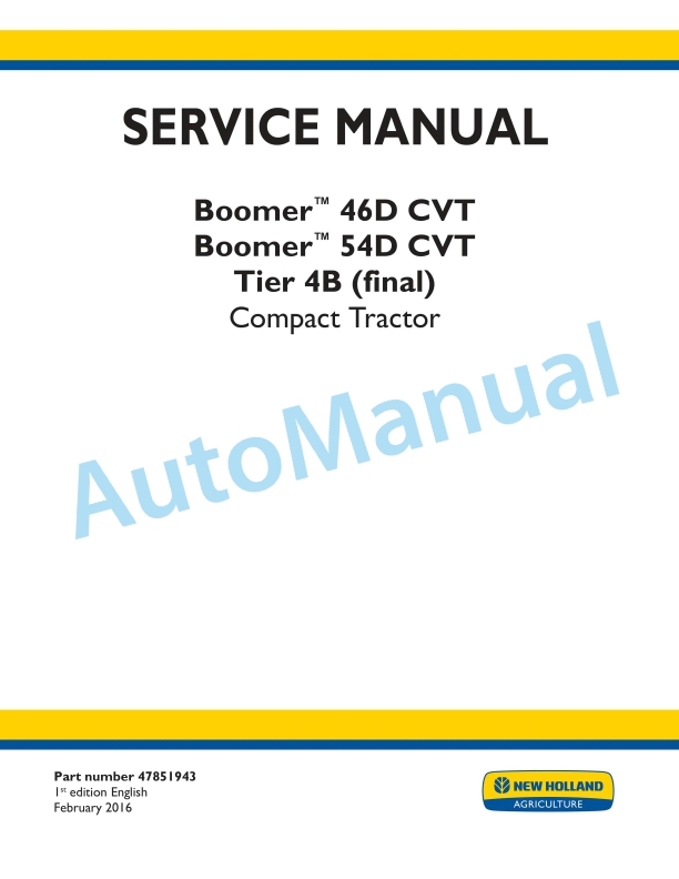 New Holland 46D CVT, 54D CVT Boomer Tier 4B Final Compact Tractor Service Manual 47851943