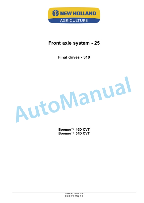 Alternative view of New Holland 46D CVT, 54D CVT Boomer Tier 4B Final Compact Tractor Service Manual 47851943