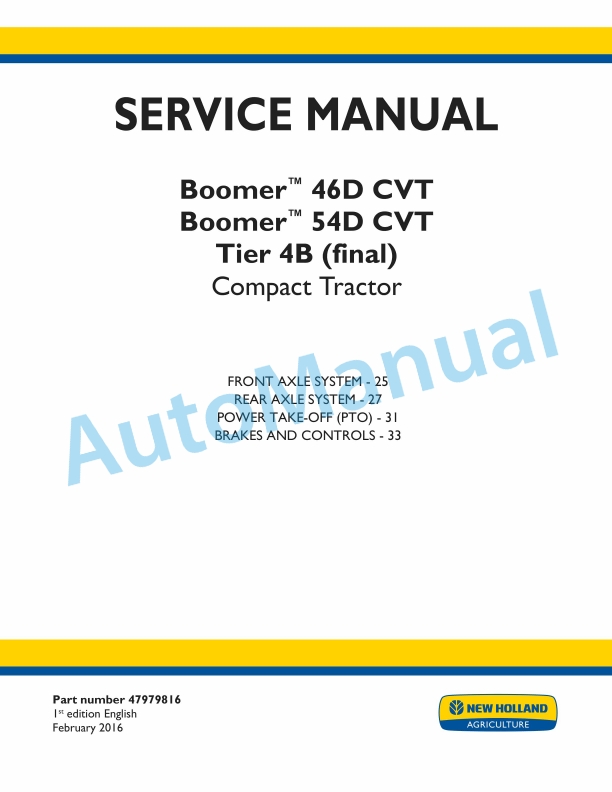New Holland 46D CVT, 54D CVT Boomer Tier 4B Final Compact Tractor Service Manual 47979816
