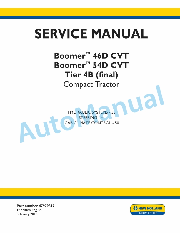 New Holland 46D CVT, 54D CVT Boomer Tier 4B Final Compact Tractor Service Manual 47979817