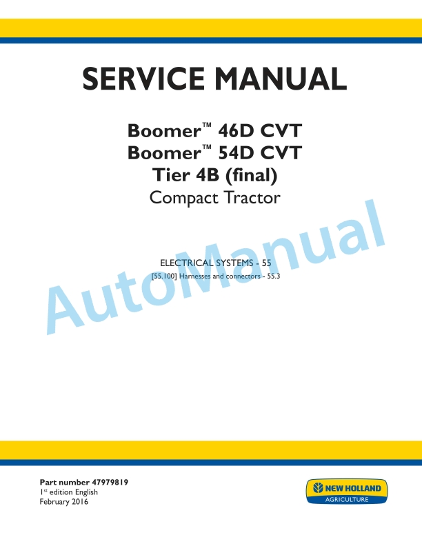 New Holland 46D CVT, 54D CVT Boomer Tier 4B Final Compact Tractor Service Manual 47979819