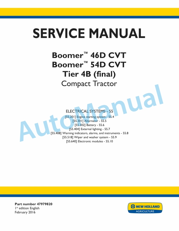 New Holland 46D CVT, 54D CVT Boomer Tier 4B Final Compact Tractor Service Manual 47979820