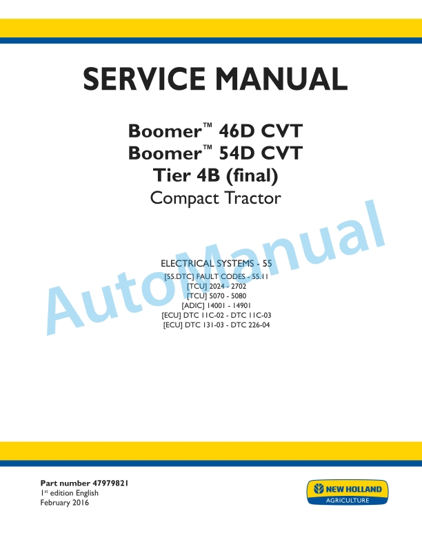New Holland 46D CVT, 54D CVT Boomer Tier 4B Final Compact Tractor Service Manual 47979821
