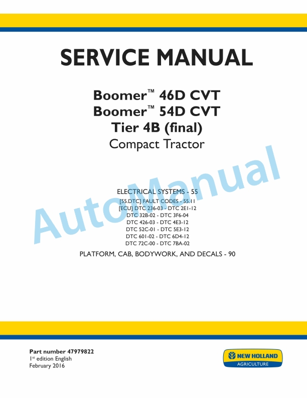 New Holland 46D CVT, 54D CVT Boomer Tier 4B Final Compact Tractor Service Manual 47979822