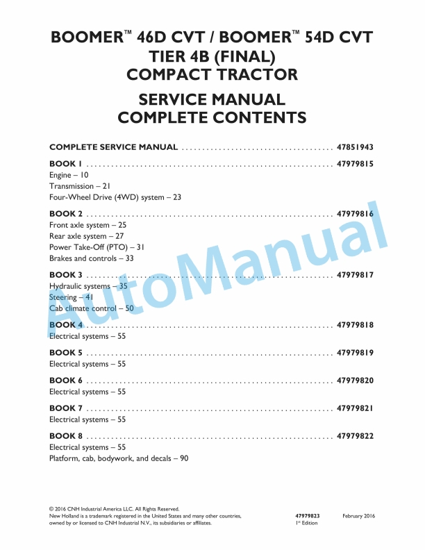 New Holland 46D CVT, 54D CVT Boomer Tier 4B Final Compact Tractor Service Manual 47979823