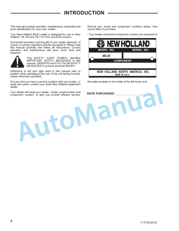 New Holland 46LB Series Quick Attach Farm Loader Operation and Maintenance Manual 87022293-2