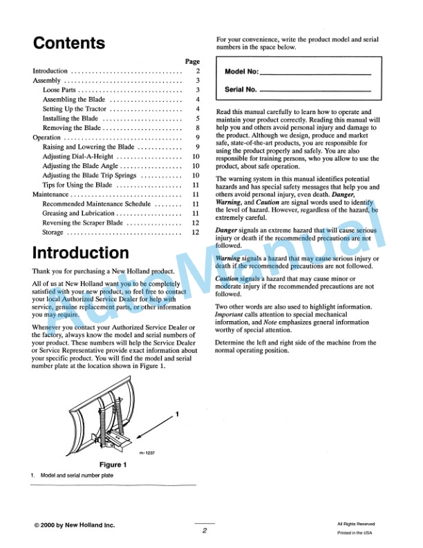New Holland 48 Snow Blade Operation and Maintenance Manual 86619977-2