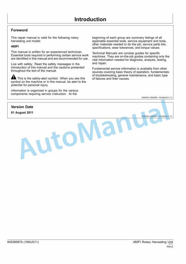 New Holland 480FI Rotary Harvester Repair Manual 84539587A