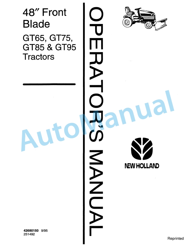 New Holland 48in Front Blade GT65, GT75, GT85, GT95 Tractor Operation and Maintenance Manual 42680150
