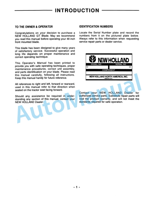 New Holland 48in Front Blade GT65, GT75, GT85, GT95 Tractor Operation and Maintenance Manual 42680150-2