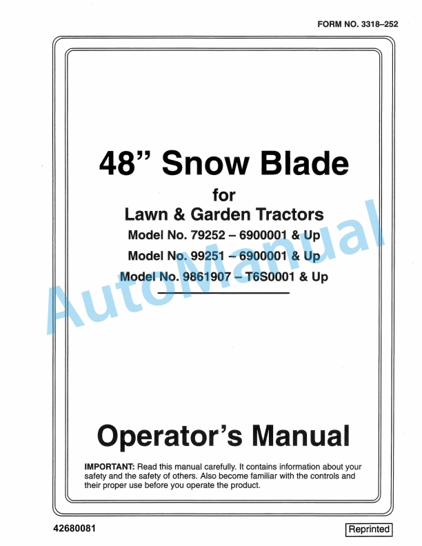 New Holland 48in Snow Blade for Lawn - Garden Tractor Operation and Maintenance Manual 42680081