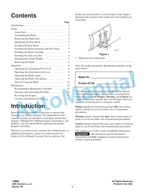 New Holland 48in Snow-Dozer Blade Operation and Maintenance Manual 87040097-2
