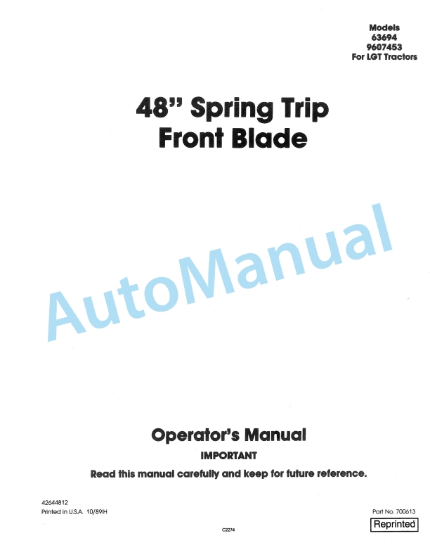 New Holland 48in Spring Trip Front Blade Operation and Maintenance Manual 42644812