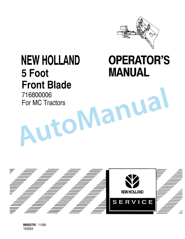 New Holland 5 Foot Front Blade For MC Tractor Operation and Maintenance Manual 86605781