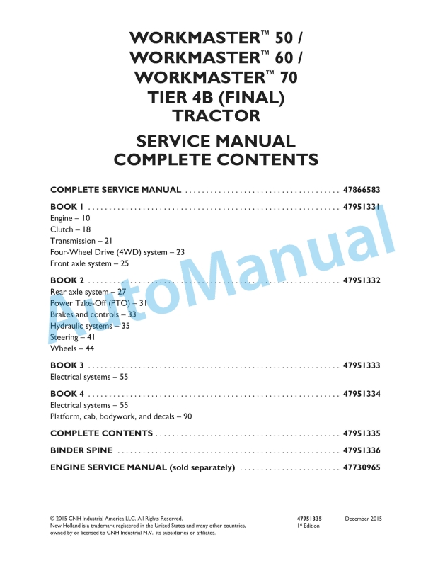 New Holland 50, 60, 70 Workmaster Tier 4B Final Tractor Service Manual 47951335
