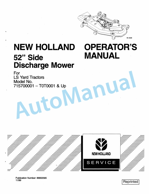 New Holland 52 Side Discharge Mower Operation and Maintenance Manual 86602565
