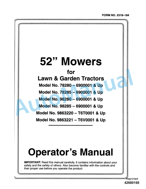 New Holland 52in Mower for Lawn - Garden Tractor Operation and Maintenance Manual 42680160