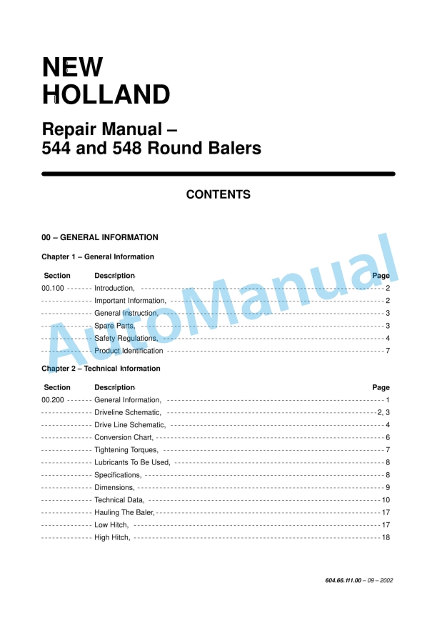 New Holland 544, 548 Round Baler Repair Manual 6046611100